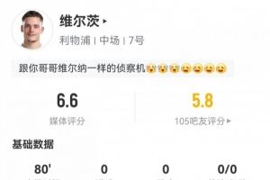 还要适应强度！维尔茨英超首秀：18次丢失球权3次关键传球评分6.6
